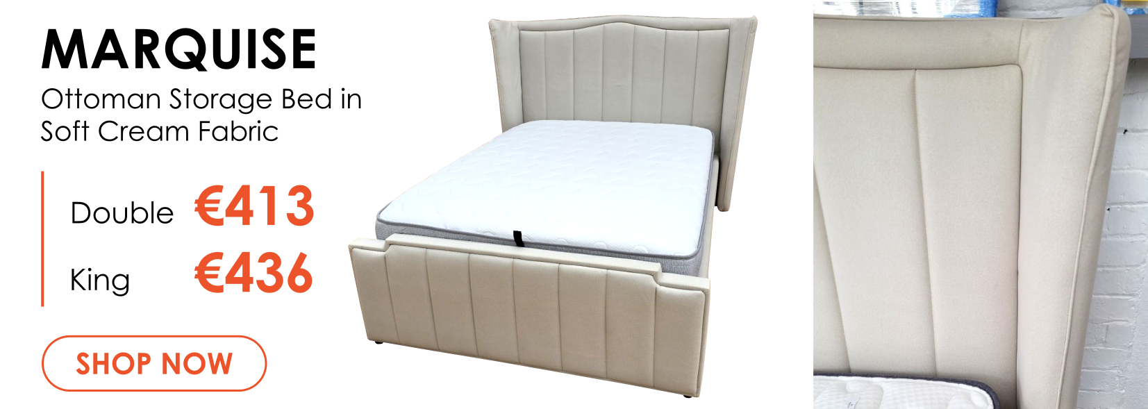 Marquise Cream Marquise Soft Cream Fabric Bed with Ottoman Storage, Available in Double & King Size