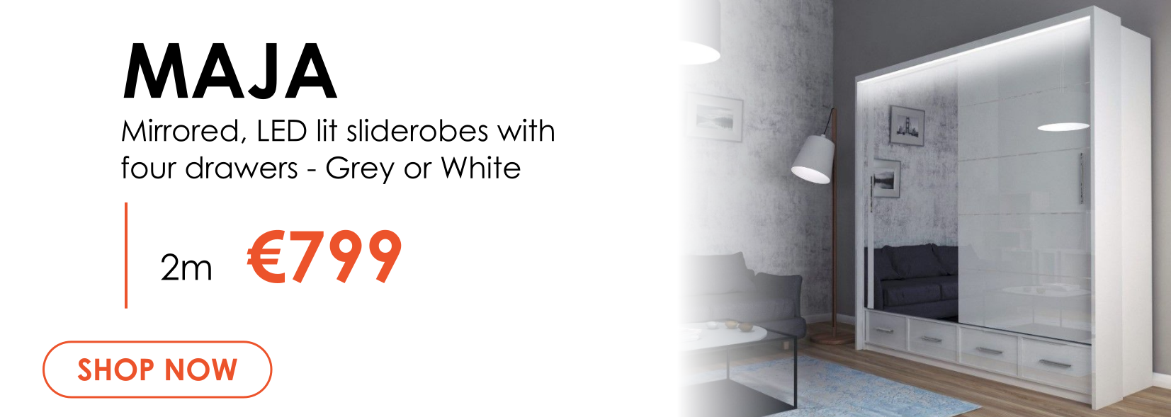 Maja 2m Maja 2m wide mirrored sliderobe in white grey