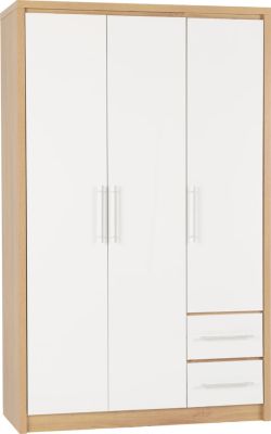 SEVILLE 3 DOOR 2 DRAWER WARDROBE 1.1m - WHITE HIGH GLOSS/LIGHT OAK EFFECT VENEER