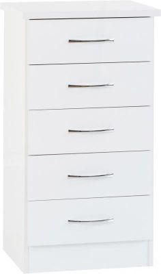 Nevada 5 Drawer Narrow Chest - White Gloss