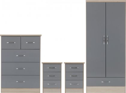 Nevada 2 Door 1 Drawer Wardrobe BEDROOM SET - Grey Gloss/Light Oak