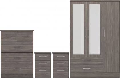 Nevada 3 Door Mirrored Wardrobe BEDROOM SET - Black Wood Grain