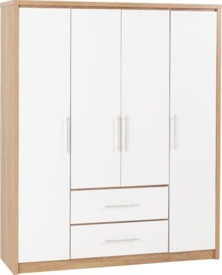 Seville 4 Door 2 Drawer Wardrobe 1.5m - White Gloss / Beech