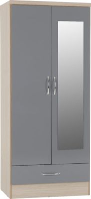 Nevada 2 Door 1 Drawer Mirrored Wardrobe 0.8m - Grey Gloss/Oak