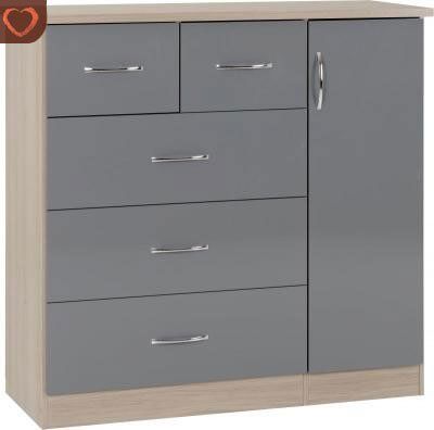 Nevada 5 Drawer Low Wardrobe 1.1m - Grey Gloss/Light Oak Effect