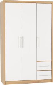 SEVILLE 3 DOOR 2 DRAWER WARDROBE 1.1m - WHITE HIGH GLOSS/LIGHT OAK EFFECT VENEER