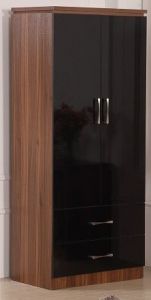 Conrad 2 Door 2 Drawer Wardrobe 0.81m - Black Gloss / Walnut