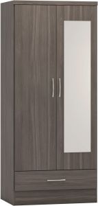 Nevada Mirrored 2 Door 1 Drawer Wardrobe 0.78m - Black Wood Grain