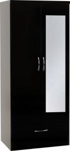 Nevada MIRRORED 2 Door 1 Drawer Wardrobe - 0.78m Black Gloss